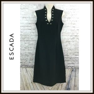 Escada Black Grommet V-Neck Wool Sleeveless Dress